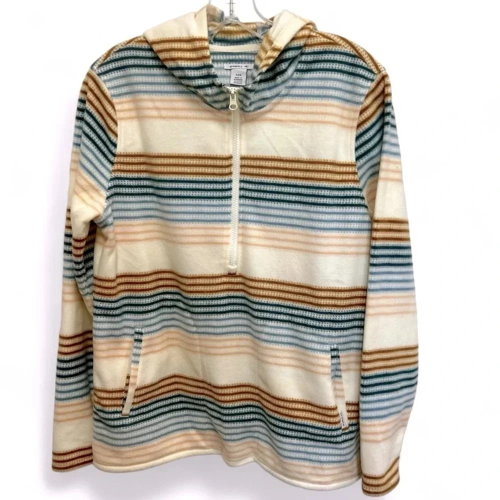 O’Neill fleece half zip hooded jacket with pockets, striped size small